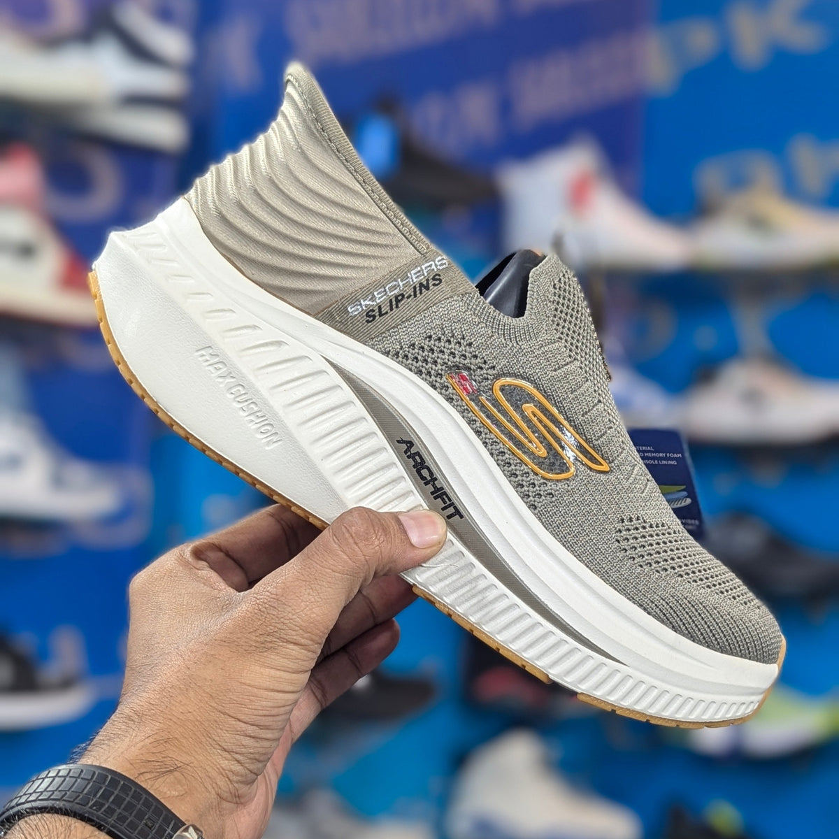 Skechers Archfit max cushion slip ins khaki with logo premium quality (dot perfect)