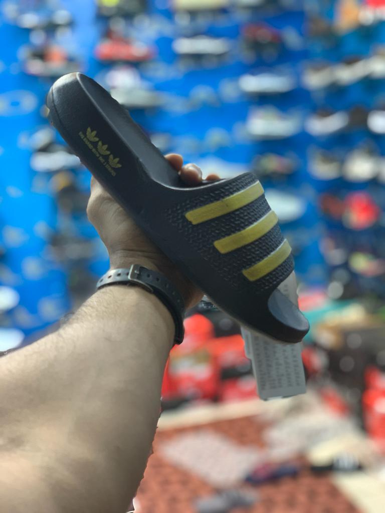 One Peice Adidas Slippers Black Gold