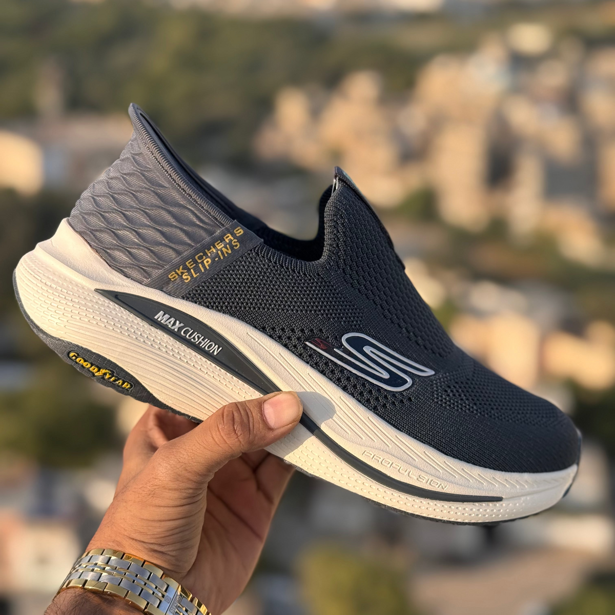 Skechers Max Cushion Good Year Slip Ins Grey Premium Quality (Dot Perfect)