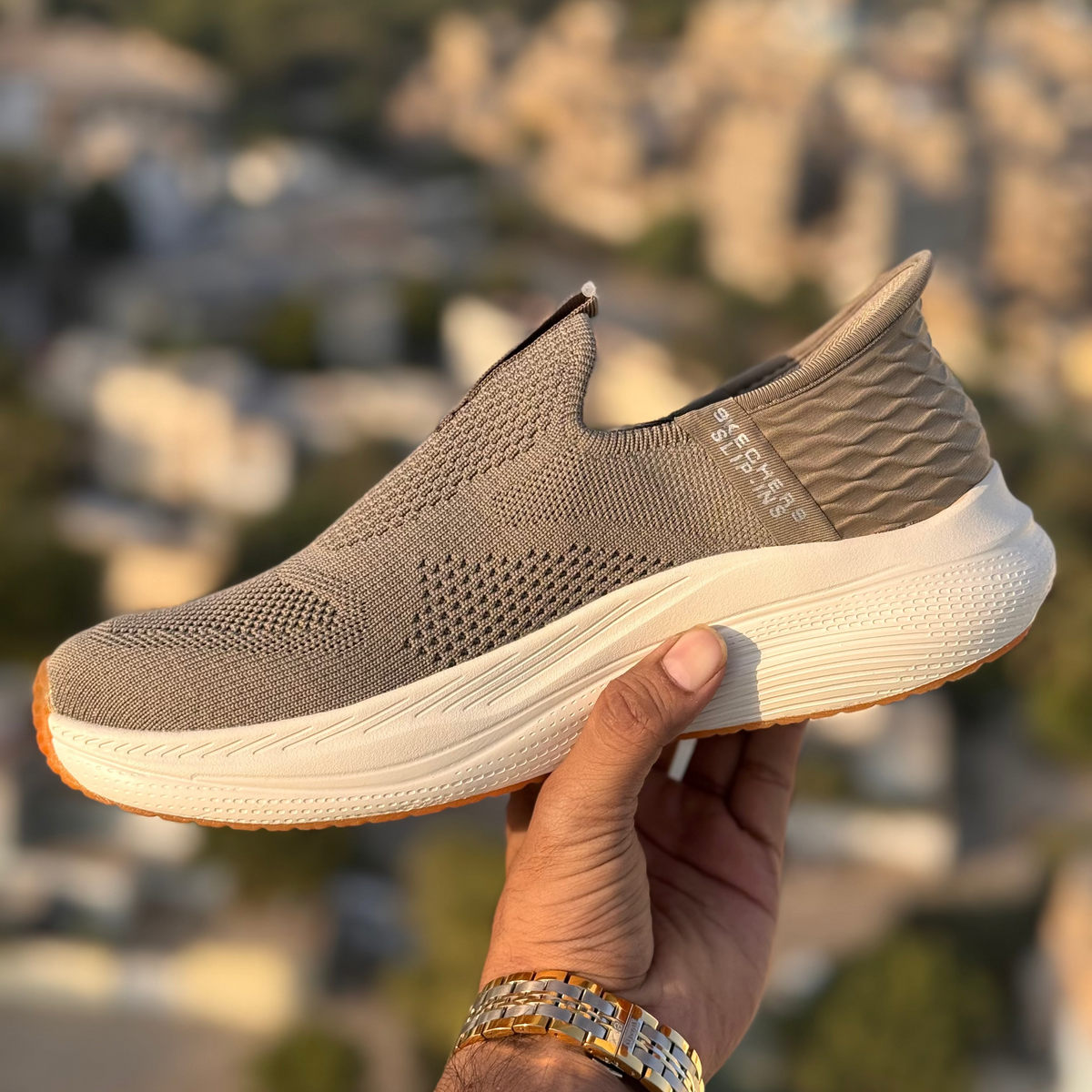 Skechers Max Cushion Good Year Slip Ins Khaki Premium Quality (Dot Perfect)